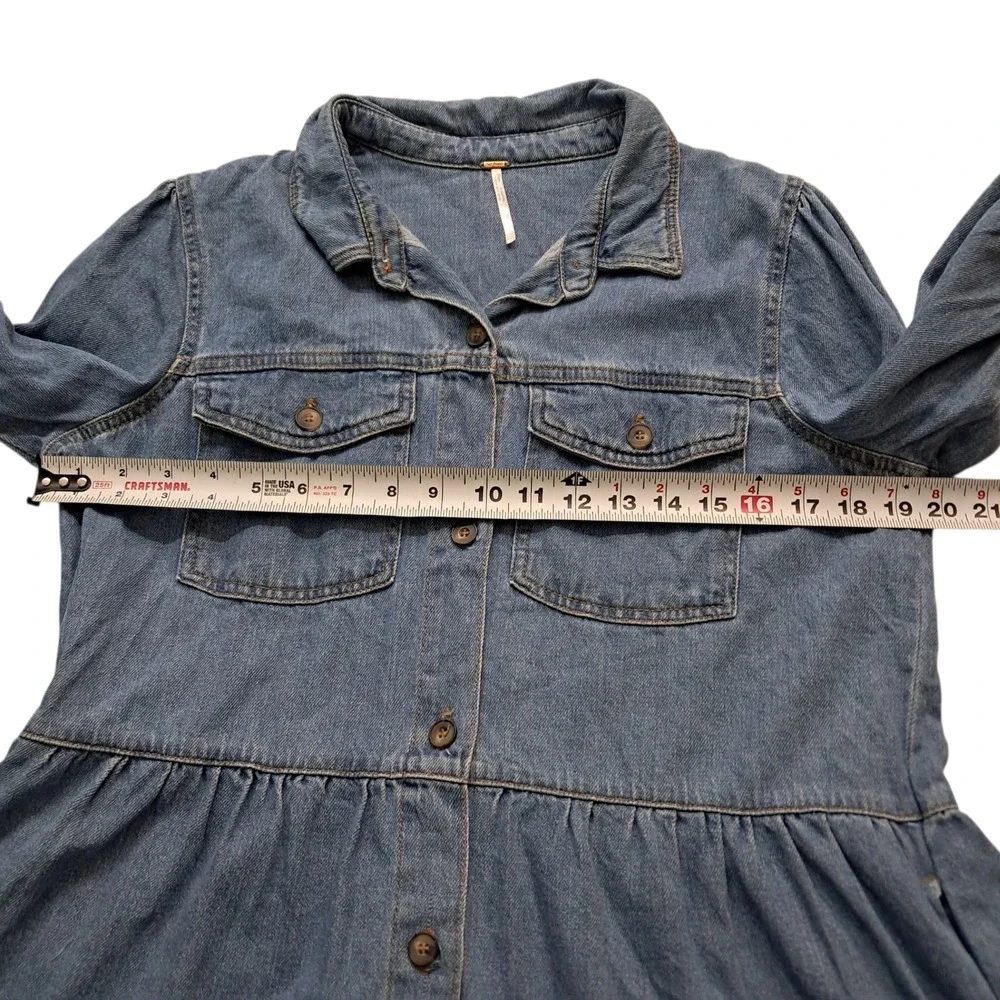 Free People Nicole Denim Shirt Dress Women's Large Blue Tiered Button Up Western - Picture 8 of 10